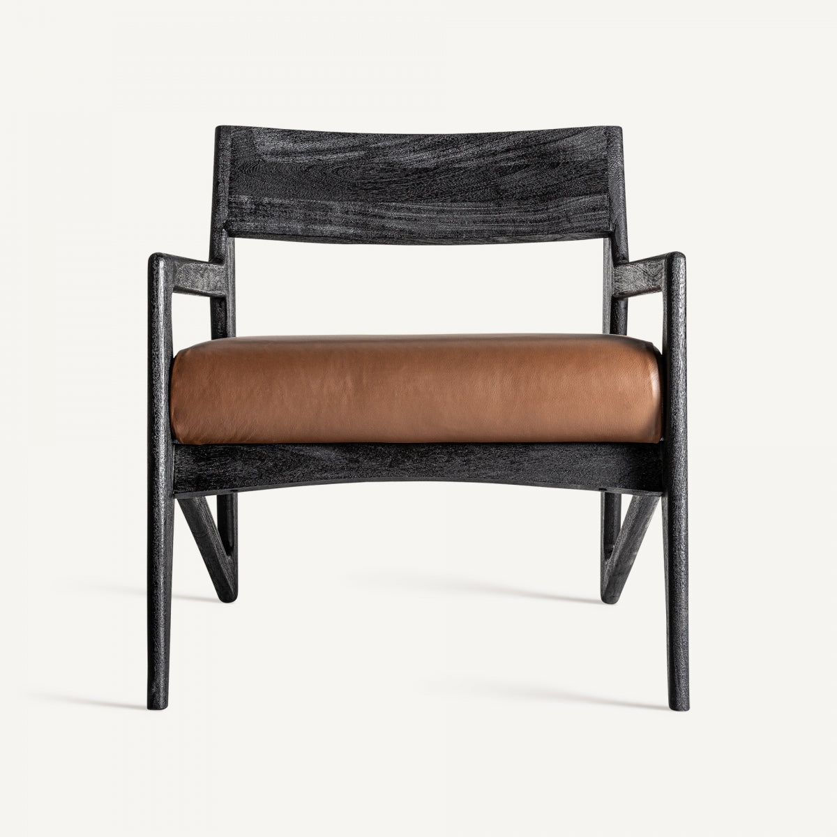 Sessel aus Akazienholz in Schwarz mit braunem Leder, 67x60x70 cm, moderner Lounge Chair für Wohnzimmer oder Leseecke.