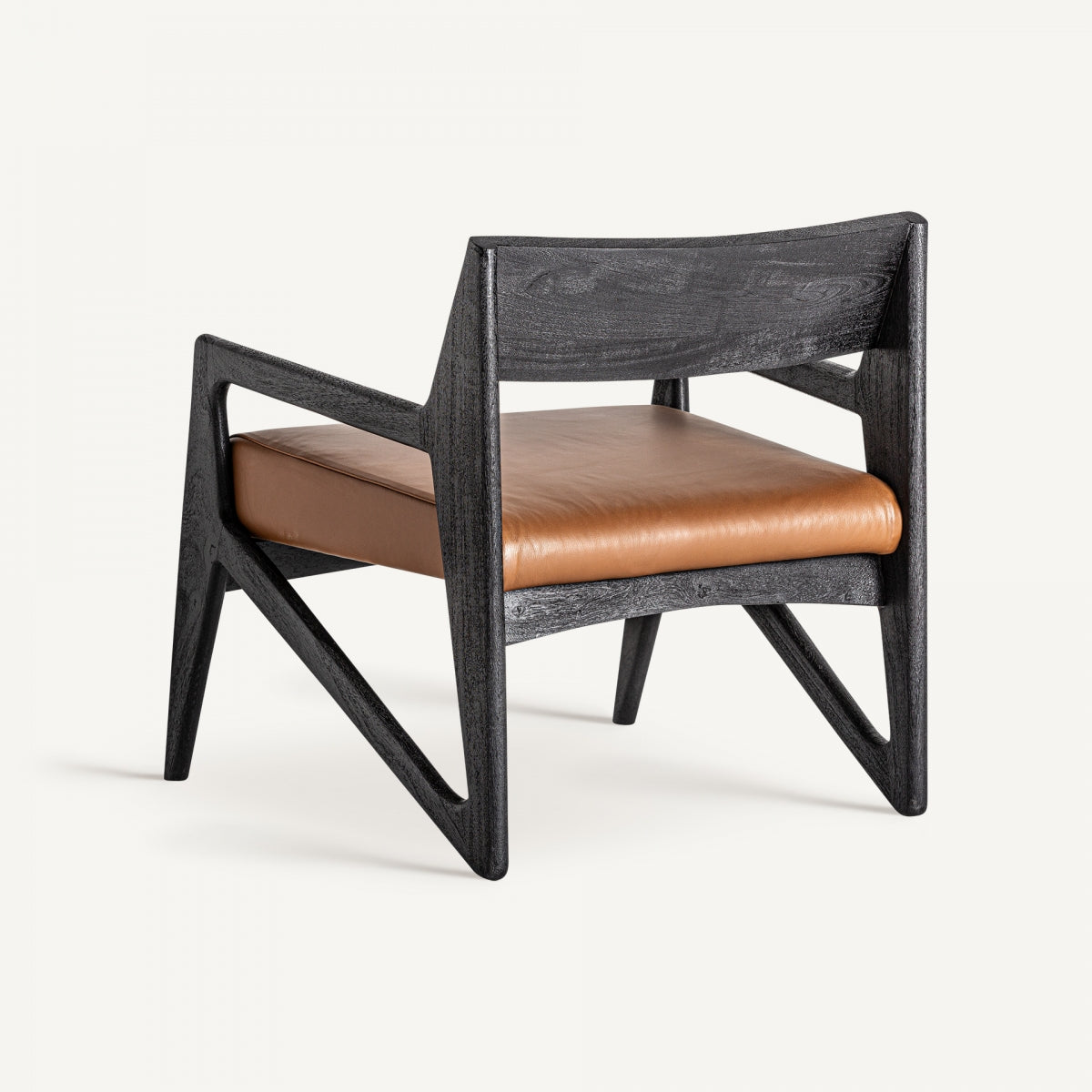 Sessel aus Akazienholz in Schwarz mit braunem Leder, 67x60x70 cm, moderner Lounge Chair für Wohnzimmer oder Leseecke.