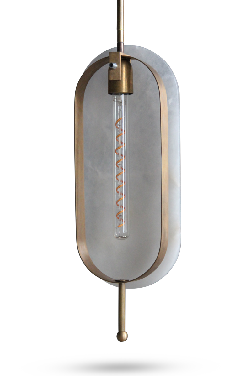 Hängeleuchte aus messingfarbenem Metall mit Alabasterplatten, 54x20x8 cm, handgefertigt, warmes Licht und modernes Design