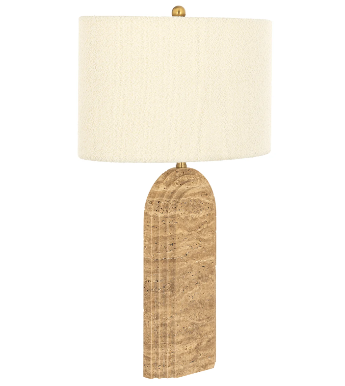 Tischleuchte aus braunem Marmor mit weißem Leinenlampenschirm, moderne Lampe im minimalistischen Stil, 44x30x70cm.