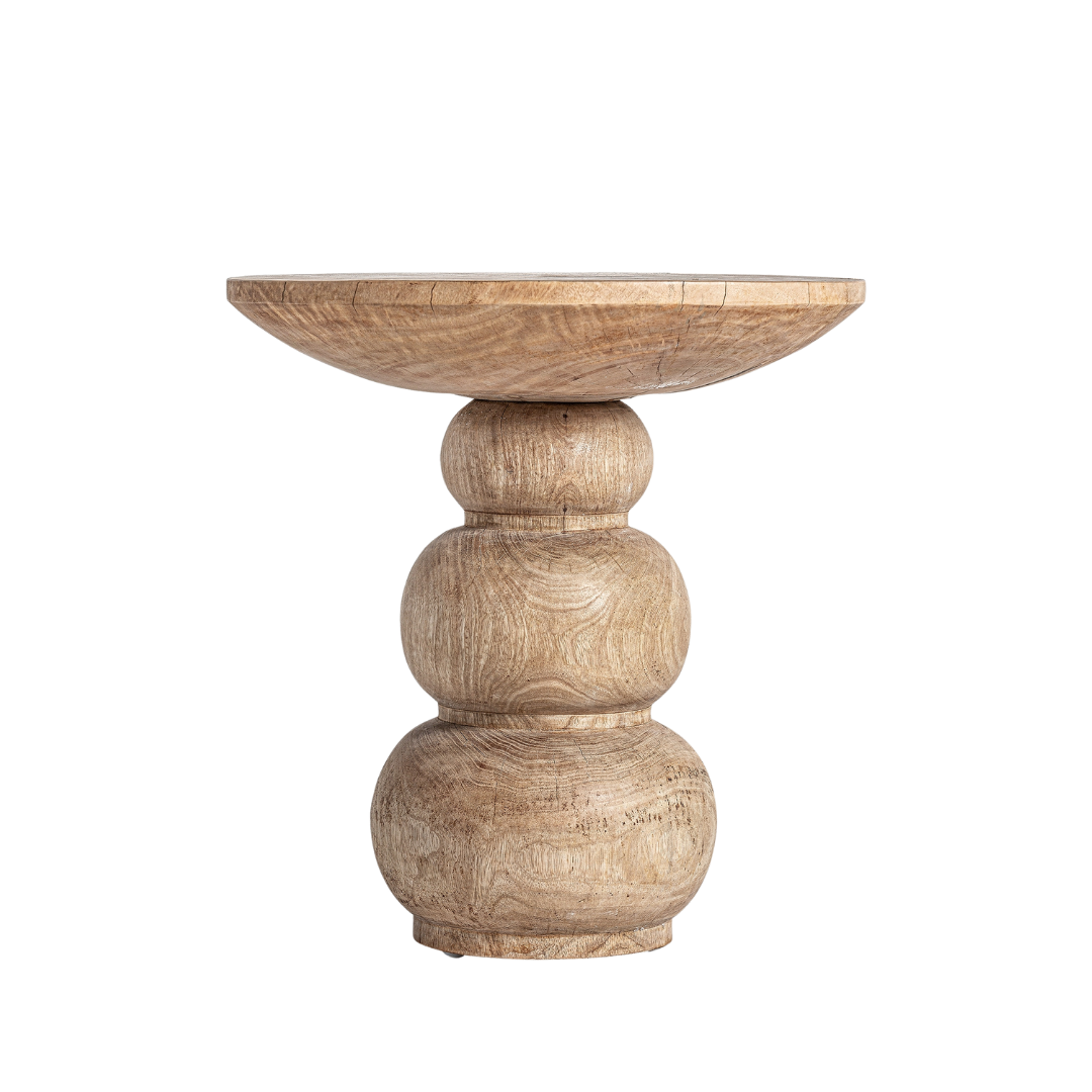 Beistelltisch aus braunem Mangoholz im Ethno-Stil, ca. 26x26x40 cm, handgefertigt mit natürlichen Unvollkommenheiten, ideal für Wohn- und Außenbereiche.