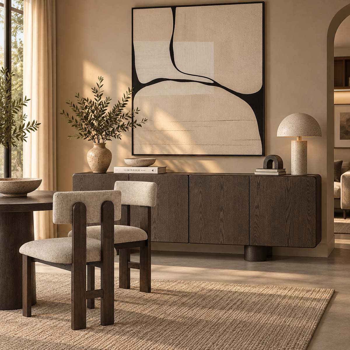 Wohnszene von Interior Boutique mit der dunklen Konsole Alain, dem gepolsterten Stuhl Frans und großformatiger abstrakter Wallart in warmem, modernem Interior.