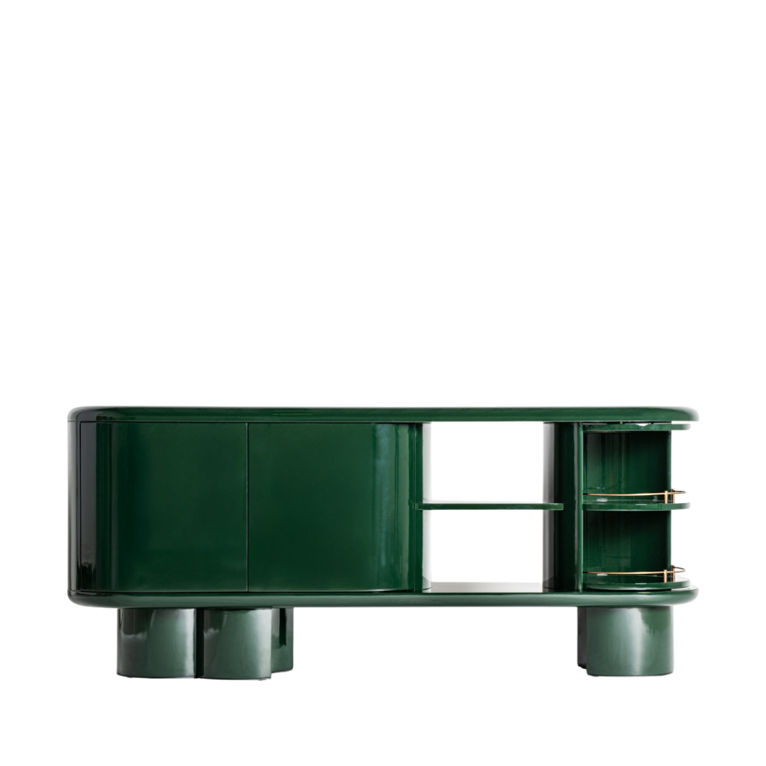 Sideboard im Art-Deco-Stil aus grünem MDF-Holz mit goldfarbenen Edelstahl-Details, 180x45x76 cm, für Wohnzimmer oder Essbereich.
