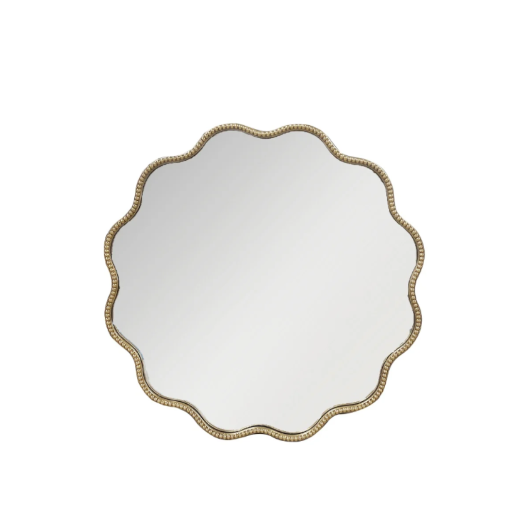 Gewellter Wandspiegel mit goldfarbenem Rahmen, rund, 71 cm Durchmesser, stilvolles Designobjekt aus Eisen und Glas
