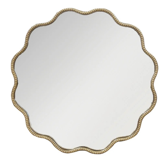 Gewellter Wandspiegel mit goldfarbenem Rahmen, rund, 71 cm Durchmesser, stilvolles Designobjekt aus Eisen und Glas