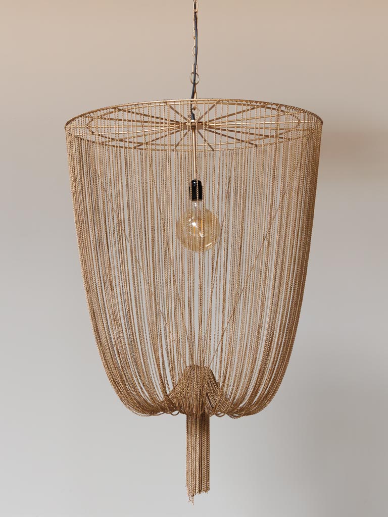 Hängeleuchte im Ethno-Modern-Stil aus Eisen mit Ketten, braun-beige, 100 cm hoch, 70 cm Durchmesser – ideal für Esszimmer oder Wohnbereich