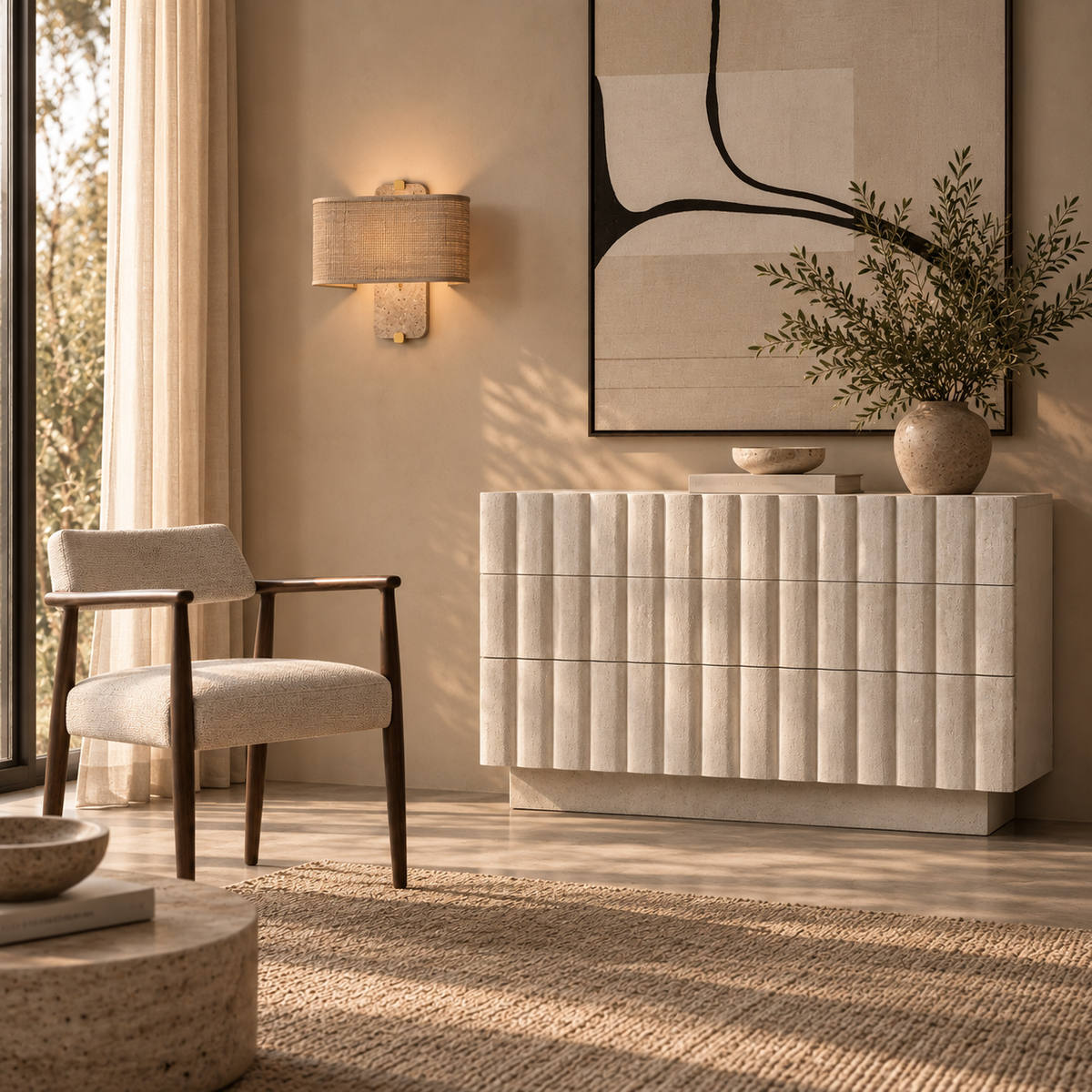 Wohnszene von Interior Boutique mit Sideboard Loris, Sessel Toni und Wandleuchte Natalie in warmem, neutralem Interior mit natürlichem Tageslicht.