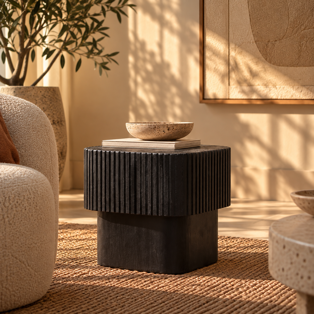 Beistelltisch Olivier aus schwarzem Mangoholz mit geriffelter Oberfläche in einem warmen, minimalistischen Interior.