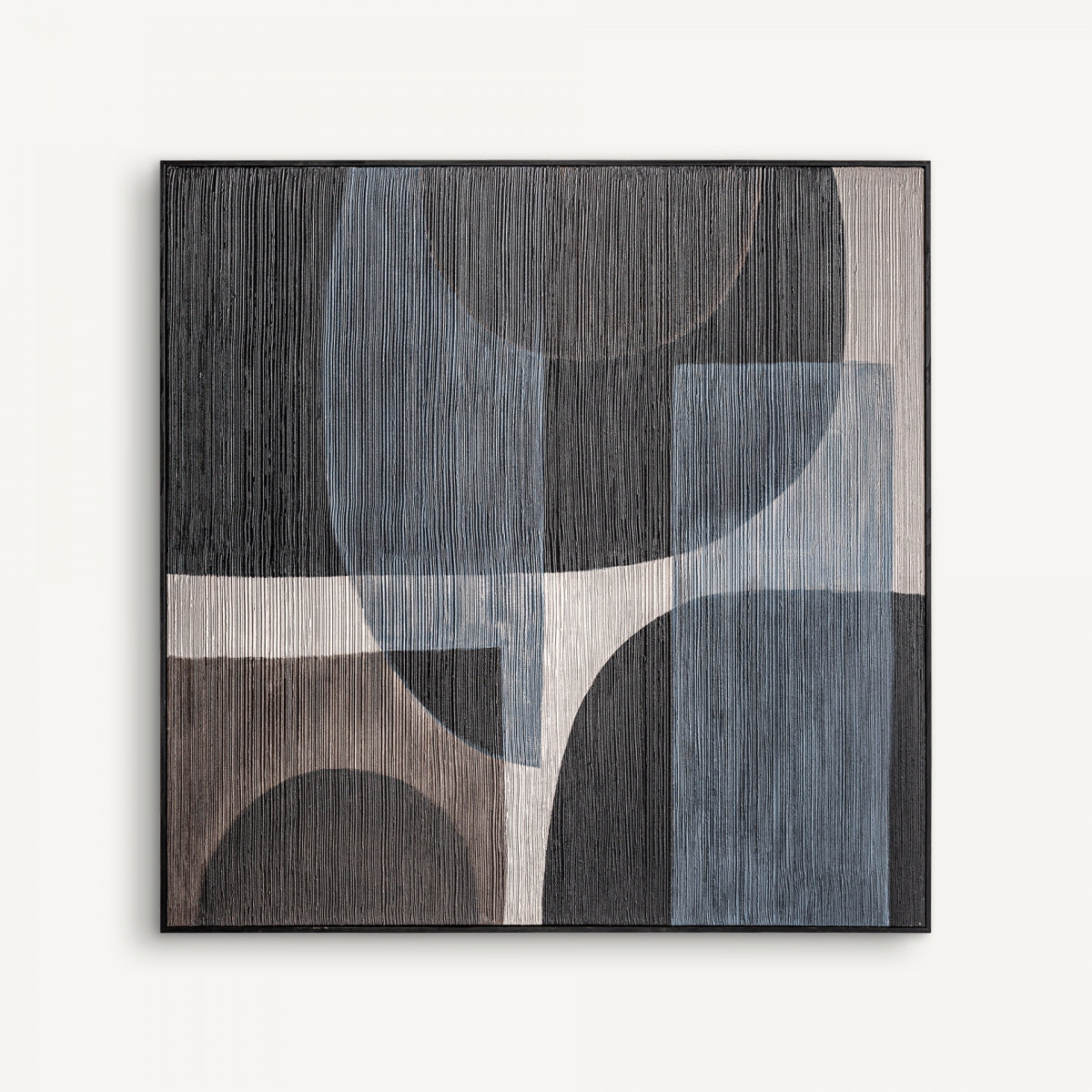 Großformatiges Leinwandbild in Blautönen mit schwarzem Holzrahmen, 120x120 cm, moderne Wandkunst im urbanen Stil