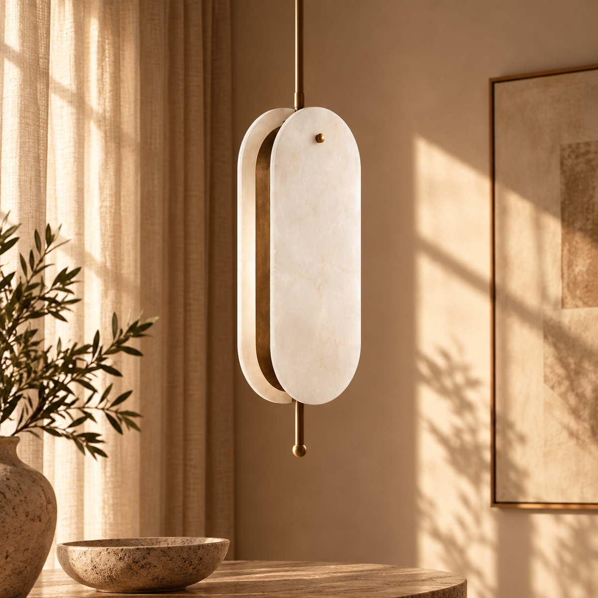 Hängeleuchte Arosa mit hellen, abgerundeten Paneelen und antikem Messing in einem warmen, minimalistischen Interior.