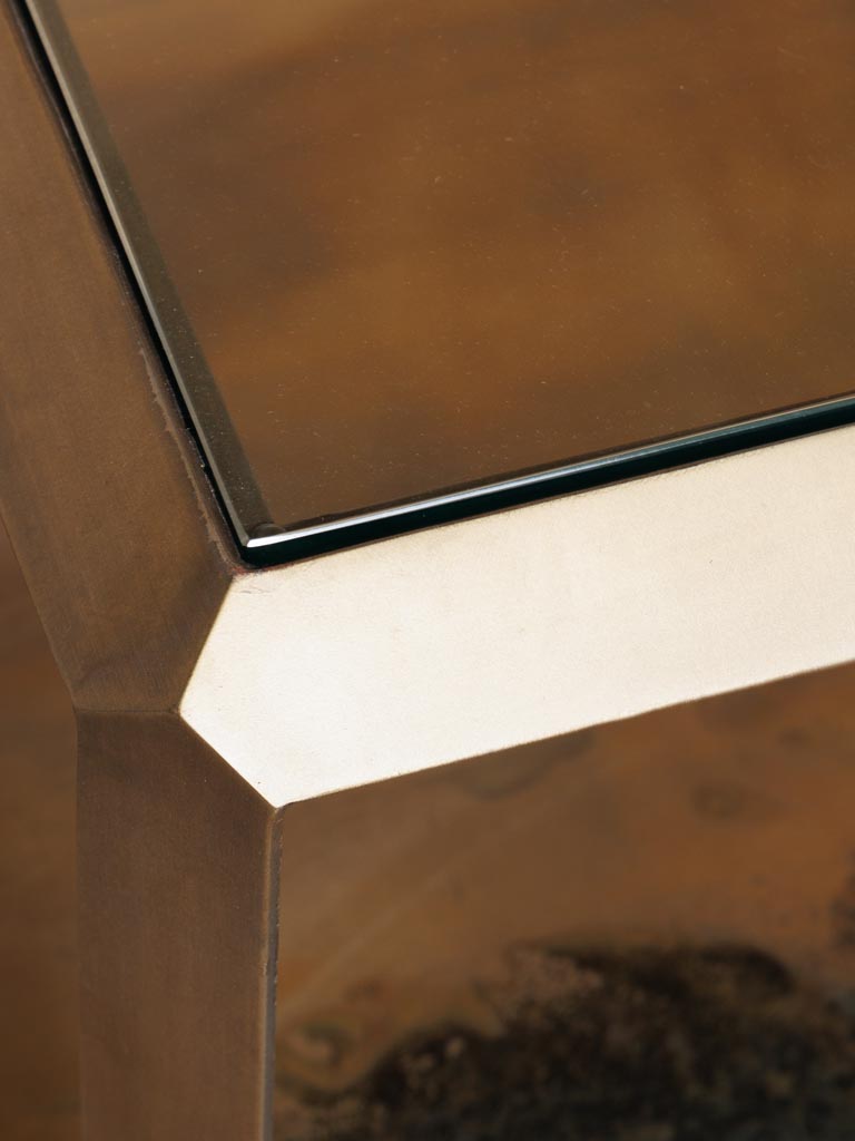 Detailaufnahme des Couchtisches Baptiste aus braunem Eisen und Glas, die die feine Verarbeitung und elegante Textur des Materials zeigt, ideal für kunstvolle Wohnzimmergestaltung.