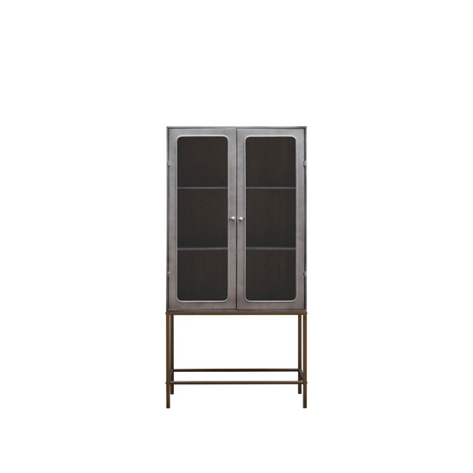 Eleganter Schrank Boris aus Eisen und Messing in Grau und Gunmetal, 160x35x80cm, als stilvolles Designstatement für dein Wohnzimmer oder Esszimmer, der durch seine pompöse Erscheinung beeindruckt.