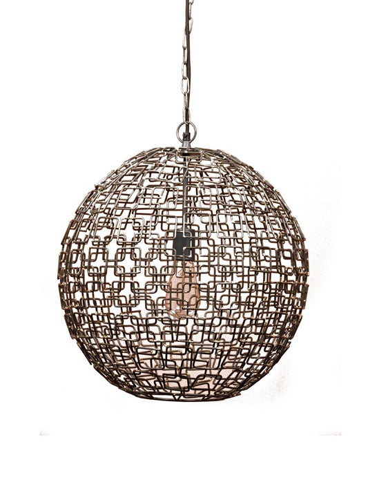 Stilvolle Hängeleuchte Cartia mit einem Durchmesser von 44cm aus braunem Eisen, die durch ihren verflochtenen Körper und lichtdurchlässige Art Räume und Decken elegant erhellt