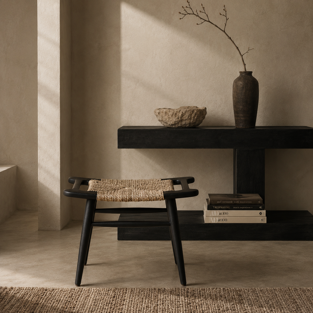 Pablo Hocker mit schwarzem Holzgestell und naturfarbener Flechtsitzfläche in einem warmen, minimalistischen Contemporary Interior.