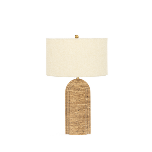 Tischleuchte aus braunem Marmor mit weißem Leinenlampenschirm, moderne Lampe im minimalistischen Stil, 44x30x70cm.