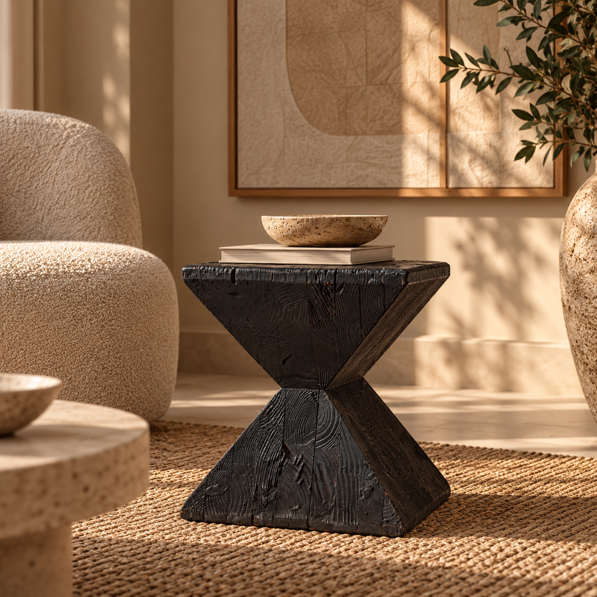 Beistelltisch Frans aus schwarzem recyceltem Kiefernholz mit skulpturaler Sanduhrform in einem warmen, minimalistischen Interior.