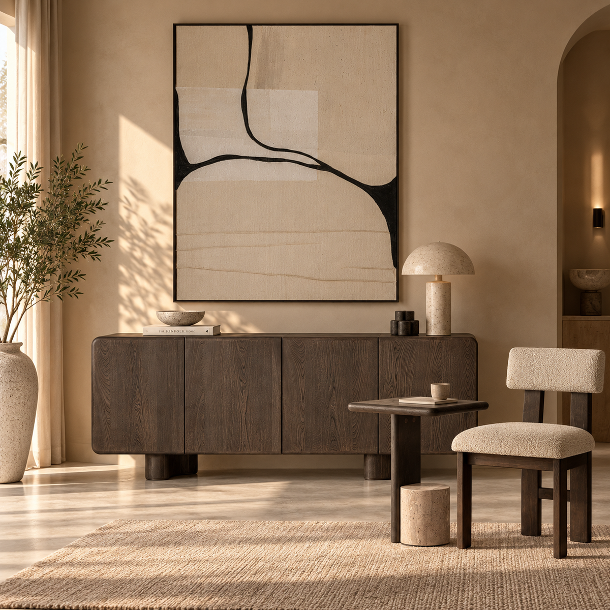 Wohnszene von Interior Boutique mit der dunklen Konsole Alain, dem gepolsterten Stuhl Frans und großformatiger abstrakter Wallart in warmem, modernem Interior.