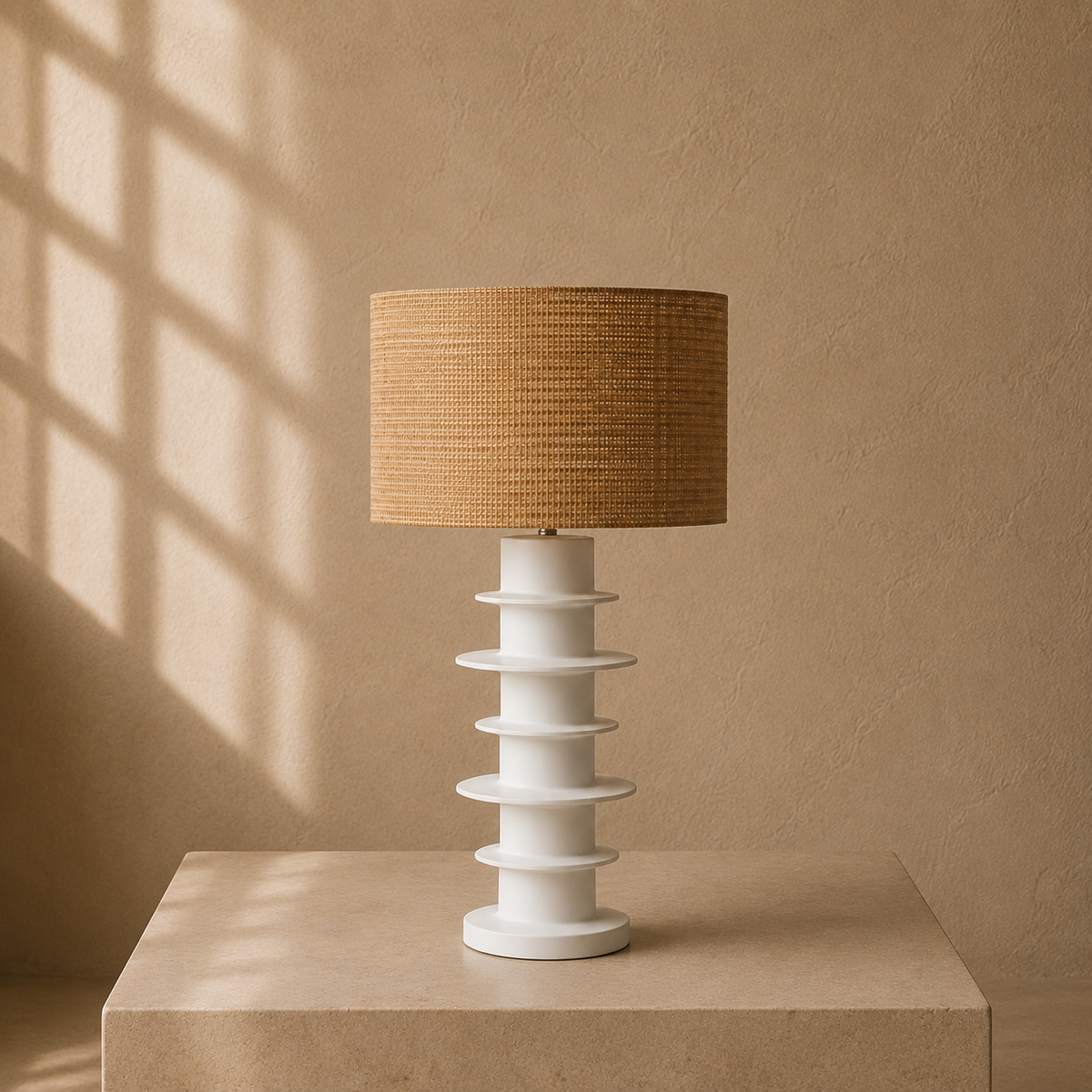 Weiße skulpturale Tischleuchte mit naturfarbenem Webschirm auf einer Travertin-Konsole in einem warmen, hochwertig gestalteten Contemporary Interior.