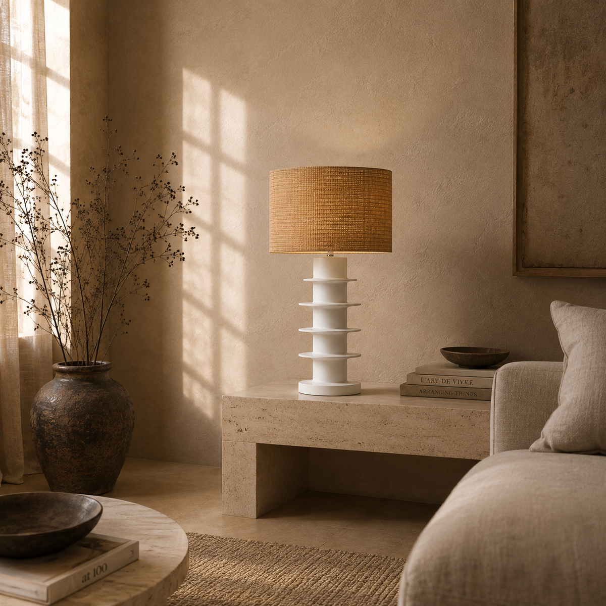 Weiße skulpturale Tischleuchte mit naturfarbenem Webschirm auf einer Travertin-Konsole in einem warmen, hochwertig gestalteten Contemporary Interior.