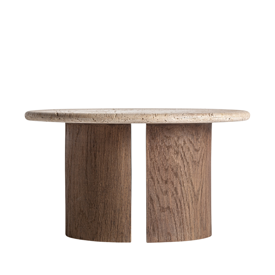 Rustikaler Couchtisch aus Altholz mit abnehmbarer Travertinplatte, 80x80x40 cm, ideal für Wohnzimmer mit natürlicher Einrichtung.