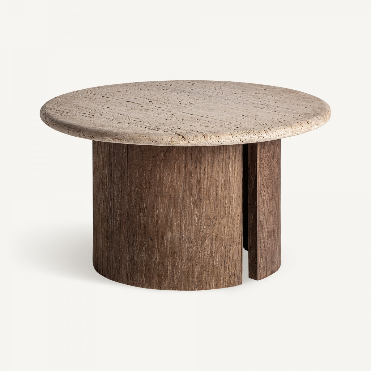 Rustikaler Couchtisch aus Altholz mit abnehmbarer Travertinplatte, 80x80x40 cm, ideal für Wohnzimmer mit natürlicher Einrichtung.