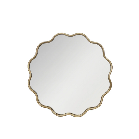 Gewellter Wandspiegel mit goldfarbenem Rahmen, rund, 71 cm Durchmesser, stilvolles Designobjekt aus Eisen und Glas