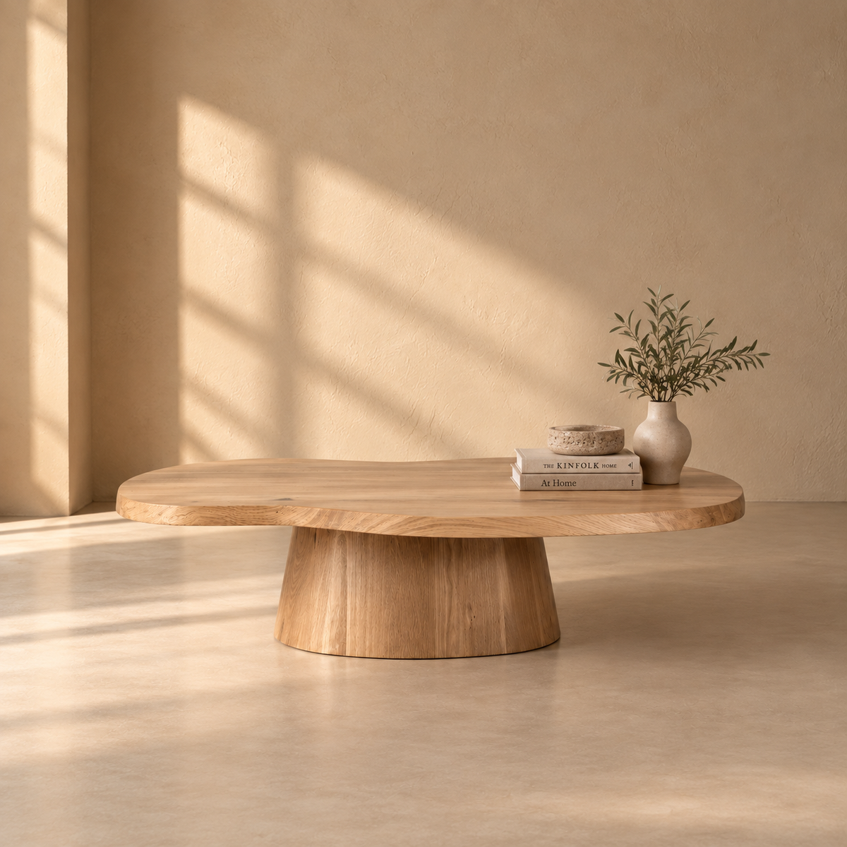 Couchtisch Marlon mit organisch geformter Tischplatte aus hellem Holz und skulpturalem, konisch zulaufendem Mittelfuß. Die weiche Linienführung und die natürliche Holzmaserung verleihen dem Tisch eine ruhige, moderne Wirkung im Interior-Boutique-Sti