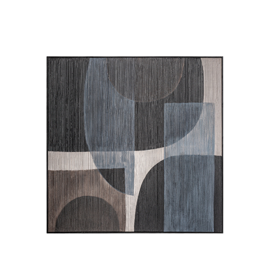 Großformatiges Leinwandbild in Blautönen mit schwarzem Holzrahmen, 120x120 cm, moderne Wandkunst im urbanen Stil
