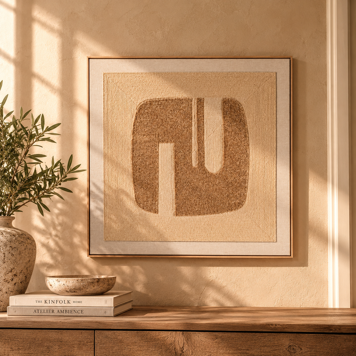 Wandbild Sekka aus MDF und naturfarbenem Leinen mit abstraktem Relief in einem warmen, minimalistischen Interior.