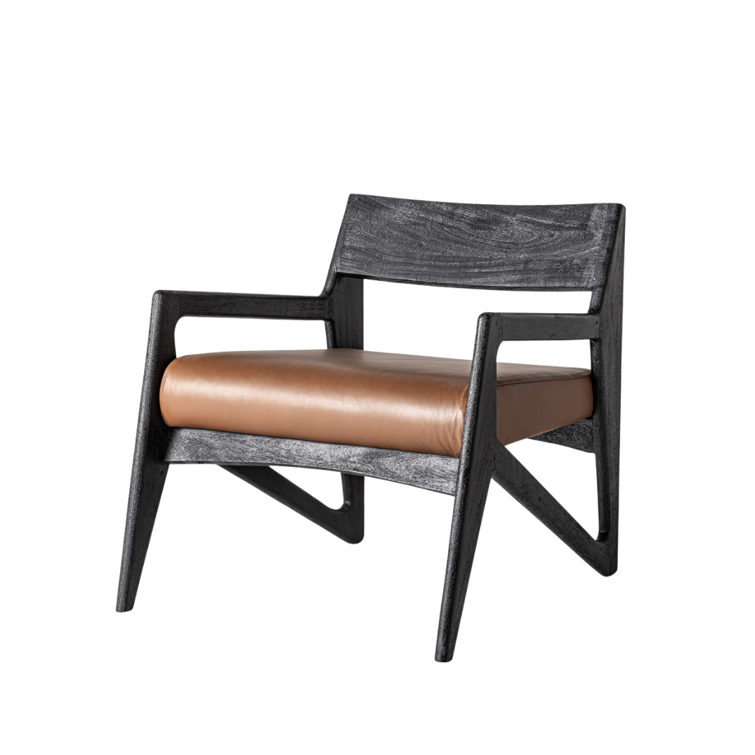 Sessel aus Akazienholz in Schwarz mit braunem Leder, 67x60x70 cm, moderner Lounge Chair für Wohnzimmer oder Leseecke.